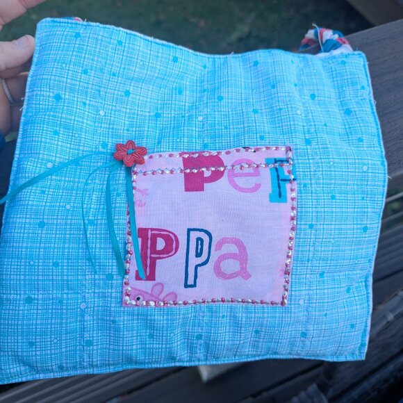 Handmade Peppa Pig Cloth Purse with Button and Ribbon Accents and Braided Strap - Picture 2 of 5